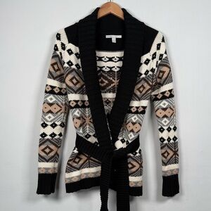 Old Navy Fair Isle Black and Cream Patterned Belted Cardigan, Size XS